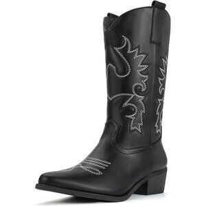 Women Black Manmade Material Mid Calf Embroidered Low Heel Pointed Toe Boots